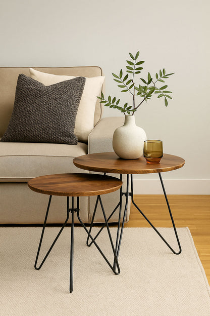 Ensemble de 2 tables gigognes rondes Alegro, en bois manufacturé finition vintage