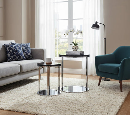 Ensemble de 2 tables Terni, plateaux en bois noir brillant et piètement en verre 