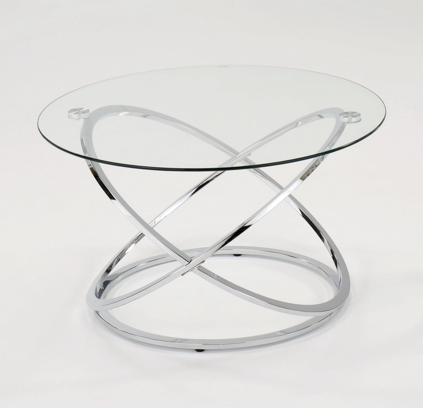 Table basse ronde Monarch en verre transparent avec piètement chromé