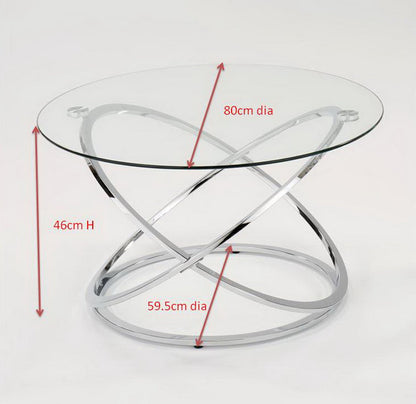 Table basse ronde Monarch en verre transparent avec piètement chromé