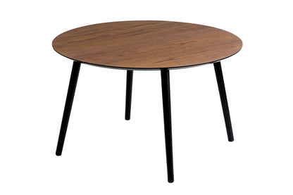 Table basse vintage Amy, plateau en placage noyer, pieds noirs