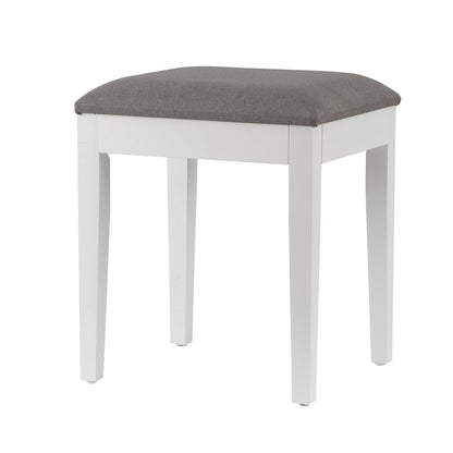 Tabouret de coiffeuse avec assise rembourrée, en bois blanc, coussin gris