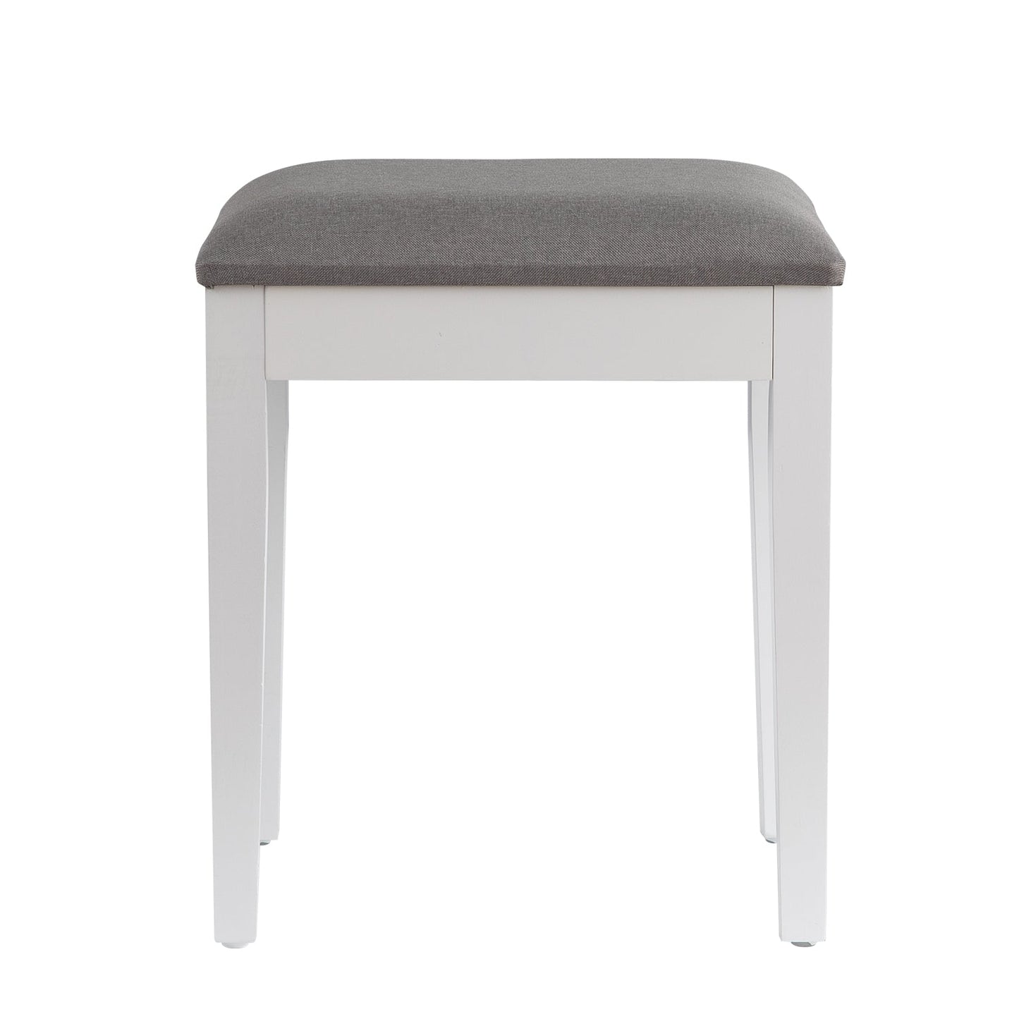 Tabouret de coiffeuse avec assise rembourrée, en bois blanc, coussin gris