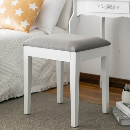 Tabouret de coiffeuse avec assise rembourrée, en bois blanc, coussin gris