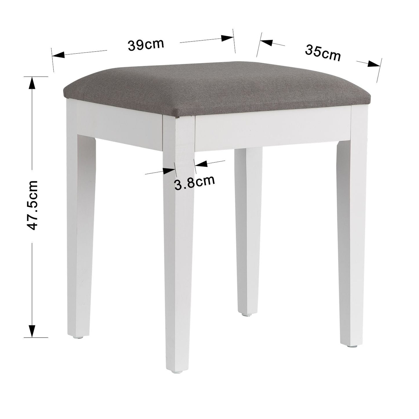 Tabouret de coiffeuse avec assise rembourrée, en bois blanc, coussin gris