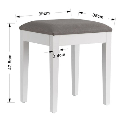Tabouret de coiffeuse avec assise rembourrée, en bois blanc, coussin gris