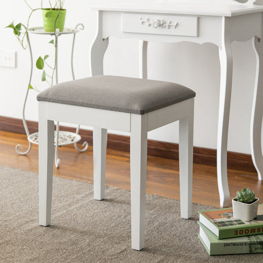 Tabouret de coiffeuse avec assise rembourrée, en bois blanc, coussin gris