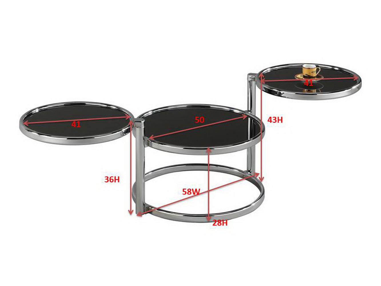 Table basse en verre Eternity avec mécanisme pivotant (chrome/noir) 