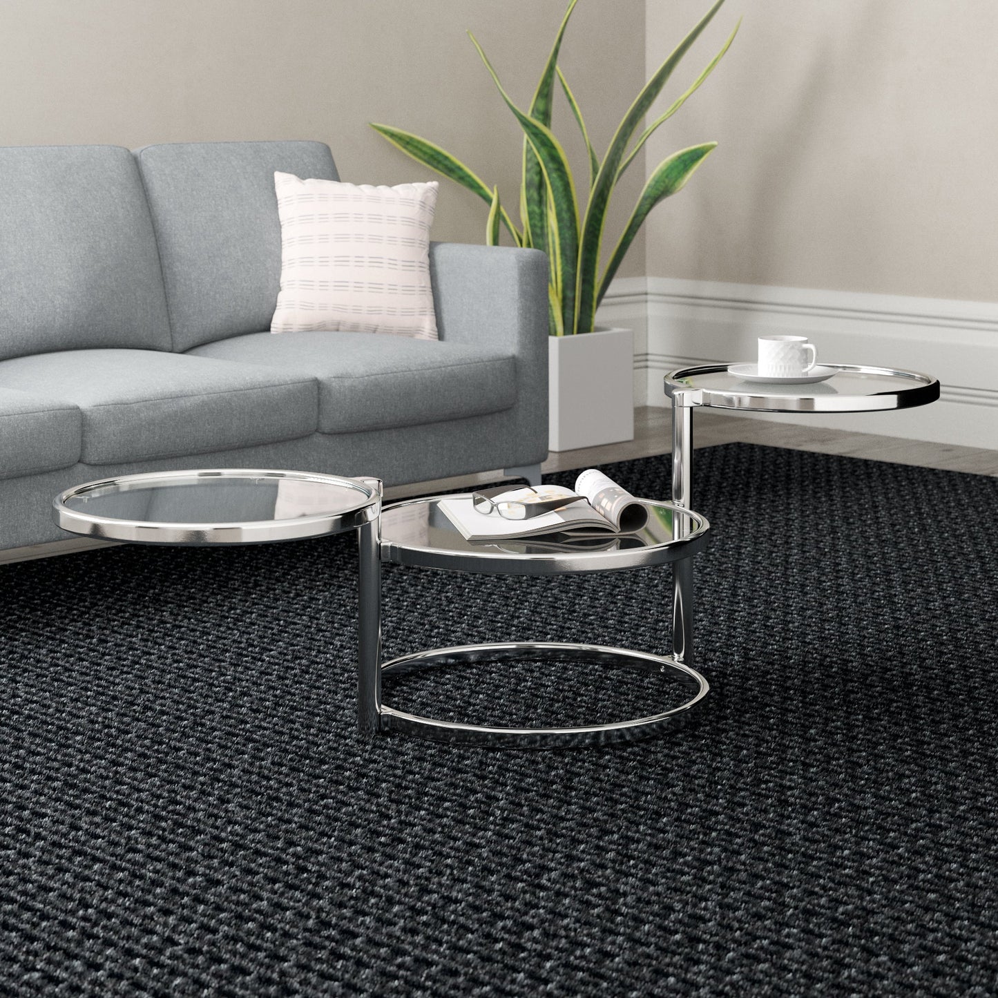 Table basse pivotante Eternity, métal chromé/transparent 