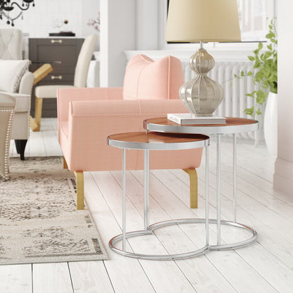 Ensemble de 2 tables gigognes rondes Visio - Plateau effet noyer / Structure chromée