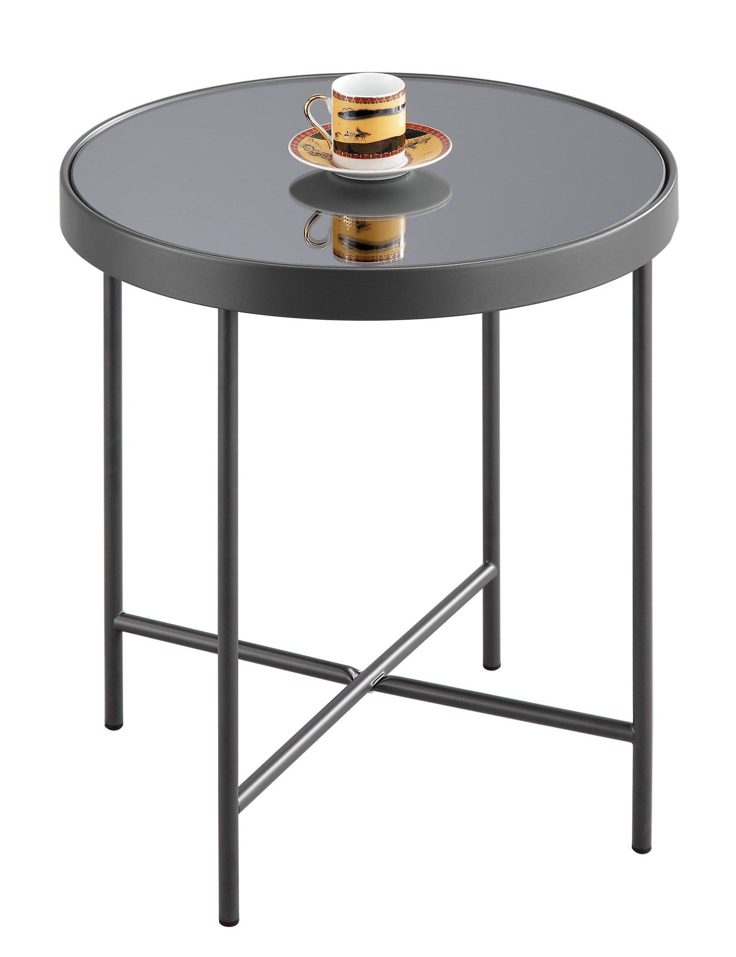 Table d'appoint/de chevet ronde en verre Fino (42,5 cm de diamètre x 46 cm, miroir anthracite/gris)