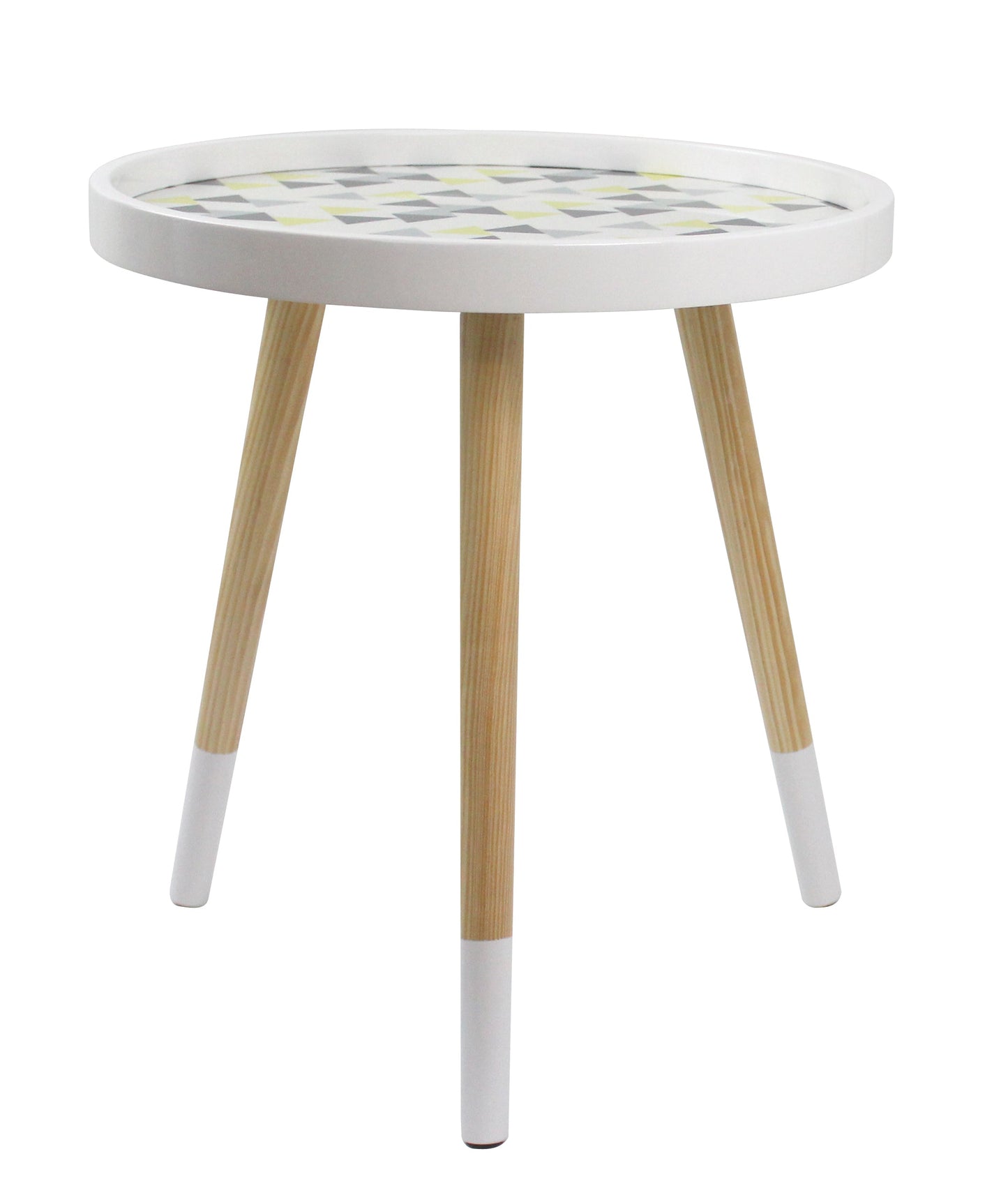 Table d'appoint Leonie - Plateau blanc à motif triangulaire multicolore et pieds naturels