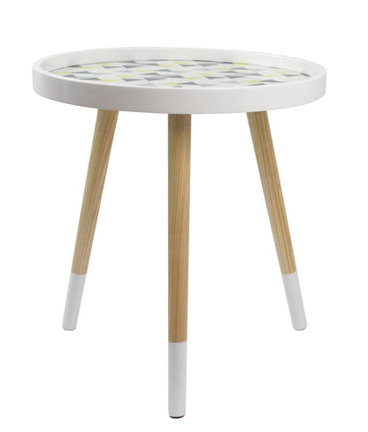 Table d'appoint Leonie - Plateau blanc à motif triangulaire multicolore et pieds naturels