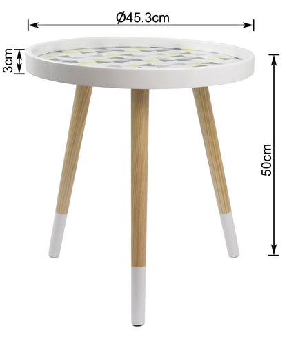 Table d'appoint Leonie - Plateau blanc à motif triangulaire multicolore et pieds naturels