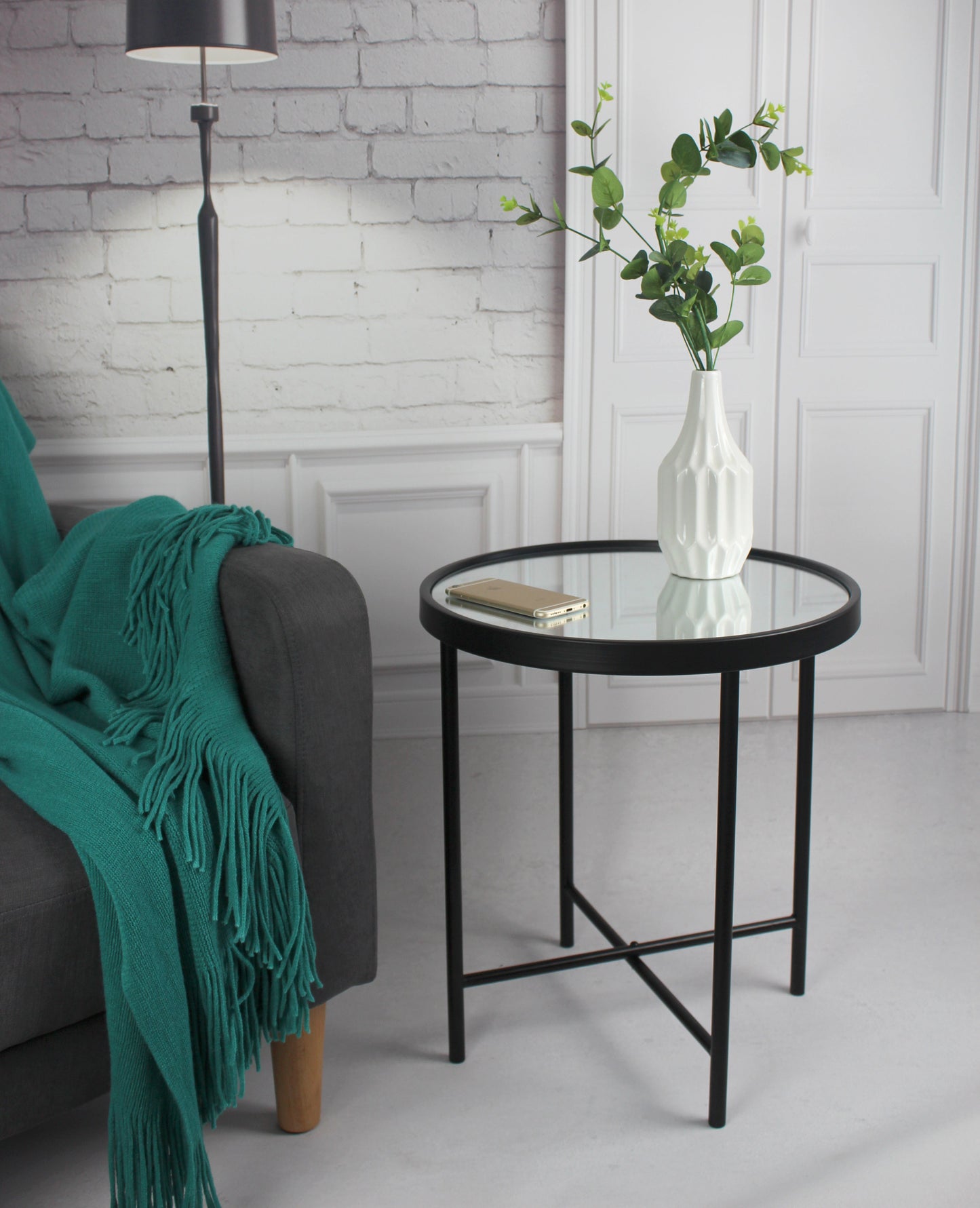 Table d'appoint/table de chevet ronde Alario avec plateau miroir - Noir