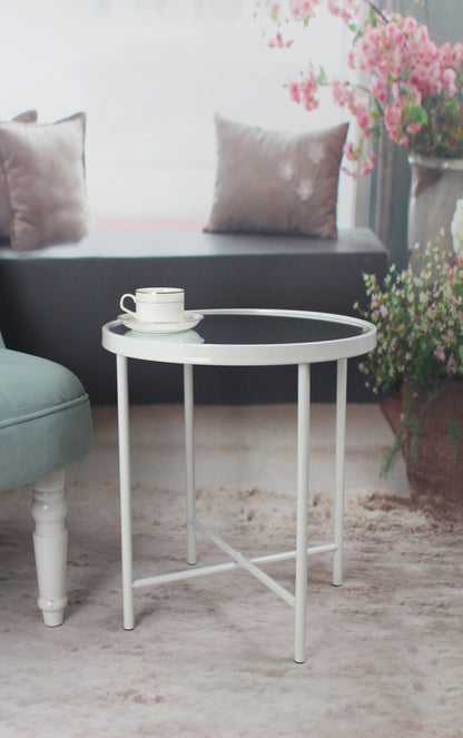 Table d'appoint/table de chevet ronde Alario avec plateau miroir - Blanc