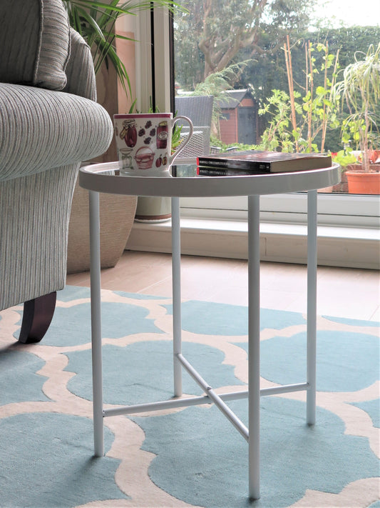 Table d'appoint/table de chevet ronde Alario avec plateau miroir - Blanc