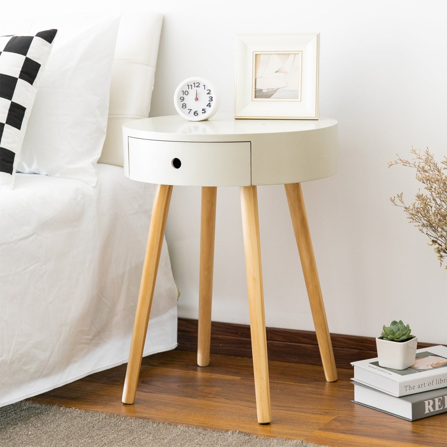 Table de chevet/lampe ronde Mona avec un tiroir (Gris, 45 cm de diamètre x 57,5 ​​cm de hauteur) 