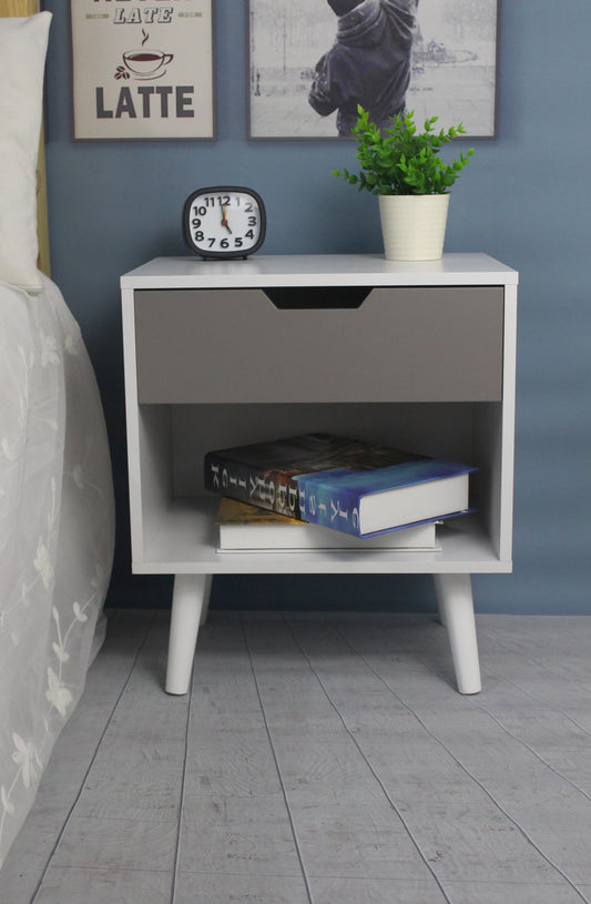 Table de chevet Ileni avec 1 tiroir, lampe de chevet pour chambre à coucher - Blanc/Gris