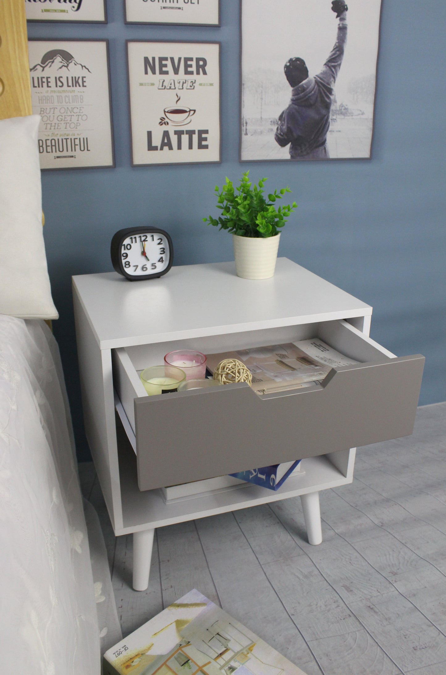Table de chevet Ileni avec 1 tiroir, lampe de chevet pour chambre à coucher - Blanc/Gris