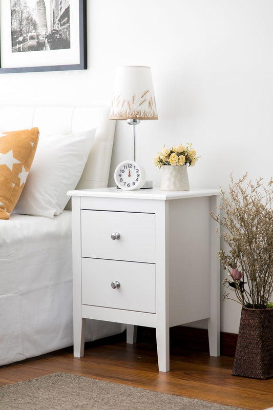 Table de chevet Melia, table de nuit, lampe de chevet pour chambre (blanche, 2 tiroirs)
