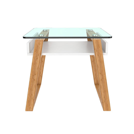 Table d'appoint Jensen, bois, bambou, verre blanc 